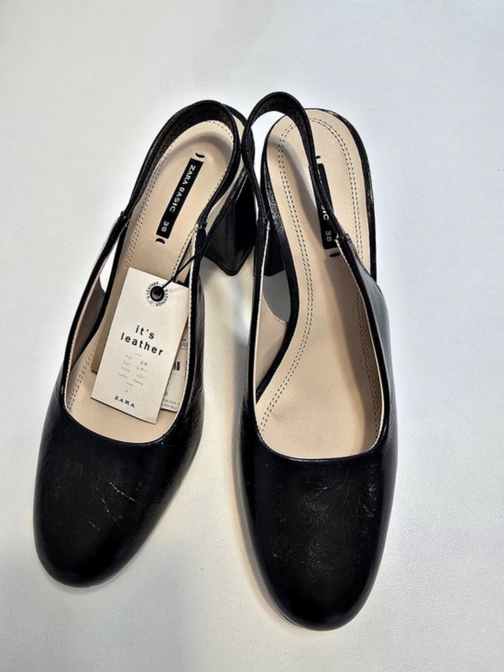 Zara Black Leather Slingback Block Heels 38
